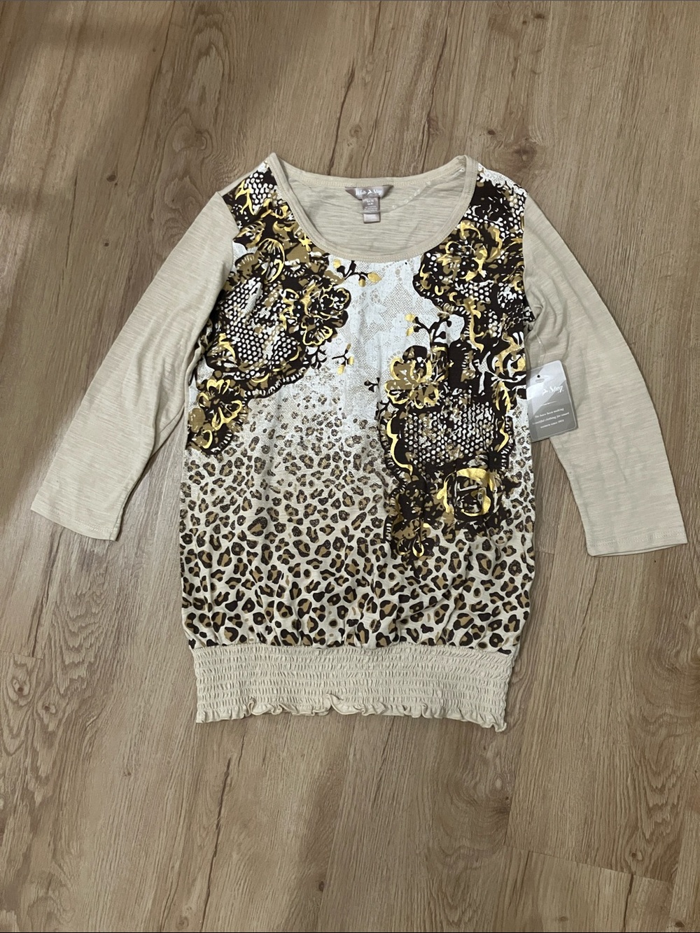 Y2k White Stag Cream and Gold Leopard & Floral Mixed-Print Blouse